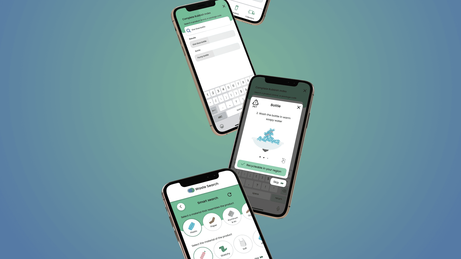Illustration of mockups of recycling app on phone screens